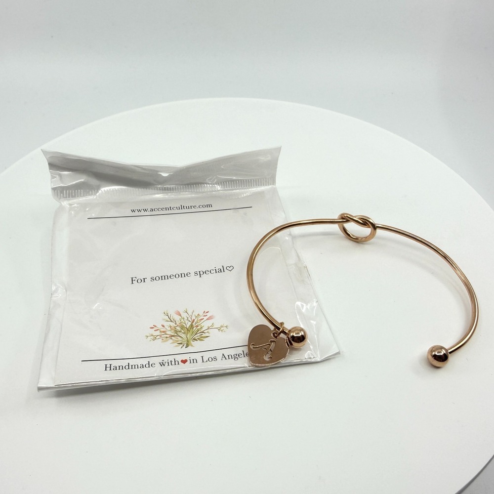 VTG Rose Gold Culture Love Knot Monogram Initial A Heart Cuff Bracelet